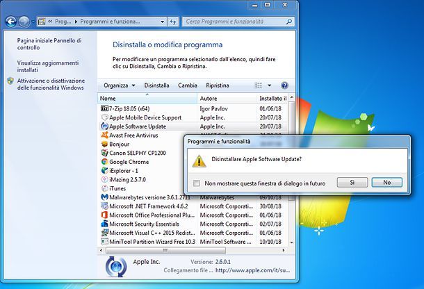 Disinstallazione Apple Software Update