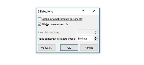 Opzioni sillabazione Word