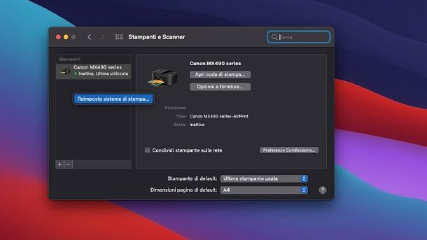 Ripristinare il sistema di stampa di macOS Canon PIXMA