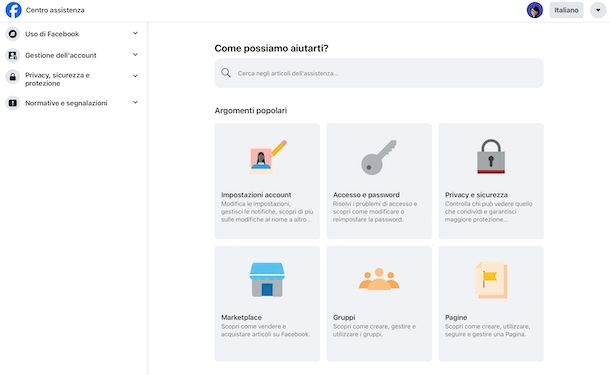 Centro assistenza Facebook