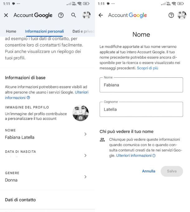 Cambiare nome Gmail