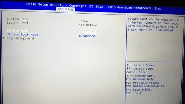 Disattivare Secure Boot BIOS