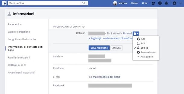 Rimuovere numero facebook