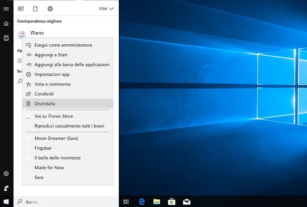 Disinstallare iTunes Windows 10