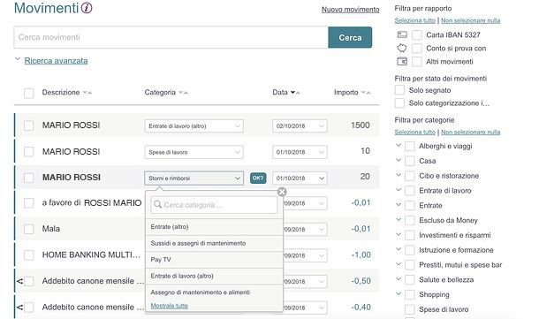 Categorizzazione movimenti Money di BPER Banca