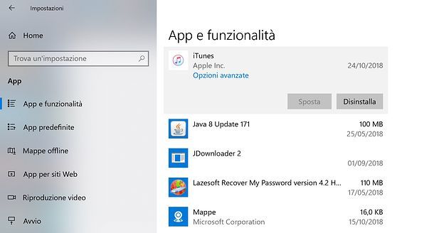 Disinstallare iTunes Windows 10