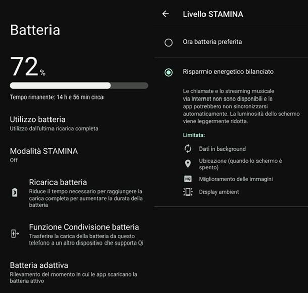 Sezione batteria Android