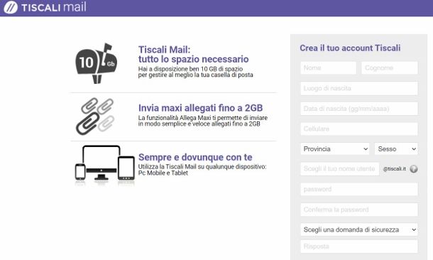 Registrazione Tiscali Mail