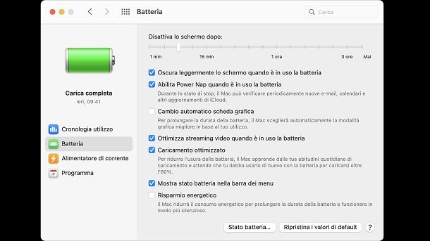 Funzione predefinita macOS Programmi batteria