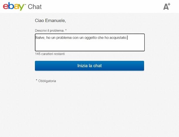 Contattare eBay via chat