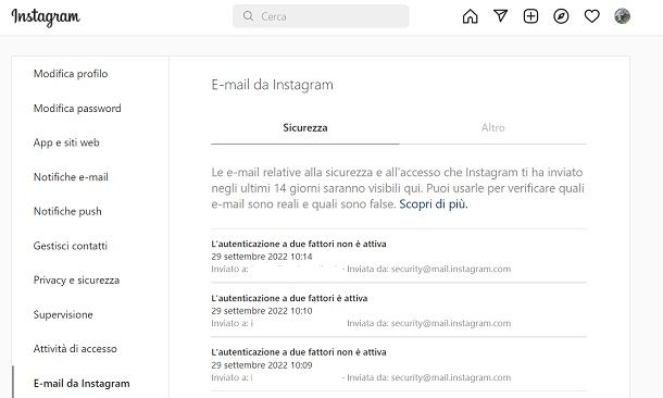 Verificare l'email ricevute da Instagram