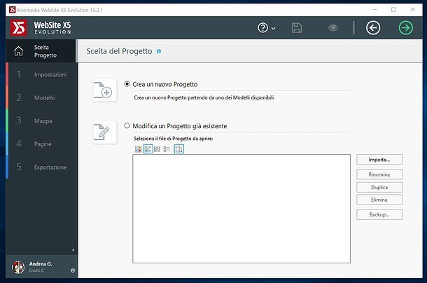 Nuovo progetto in WebSite X5