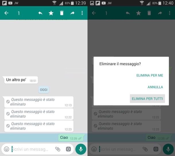 WhatsApp cancellare messaggi Android