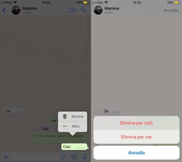 WhatsApp cancellare messaggi iPhone