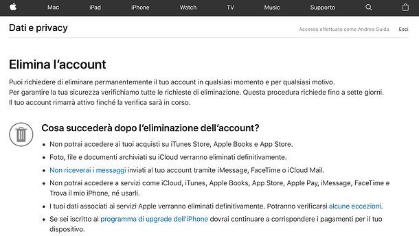 Come cancellare account iCloud