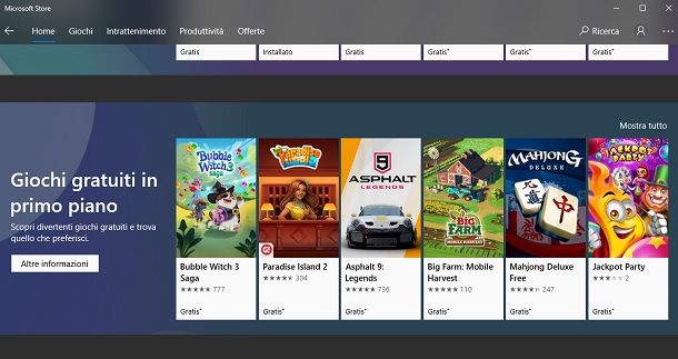 Microsoft Store giochi gratis PC