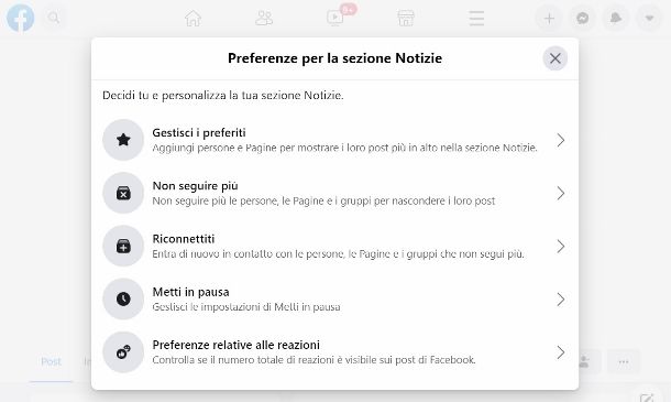 Preferenze sezione Notizie Facebook