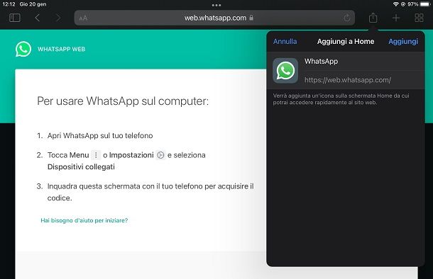 Creare l'icona di WhatsApp Web su iPhone/iPad