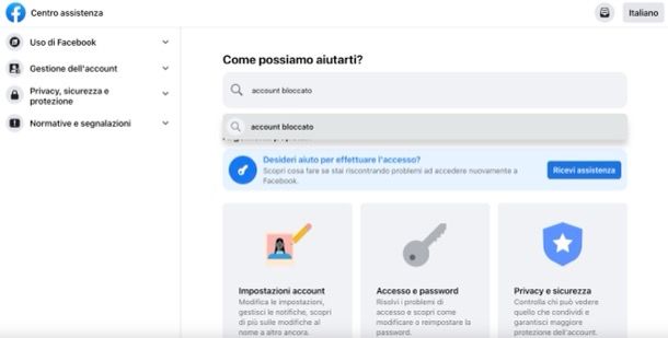 Centro assistenza di Facebook