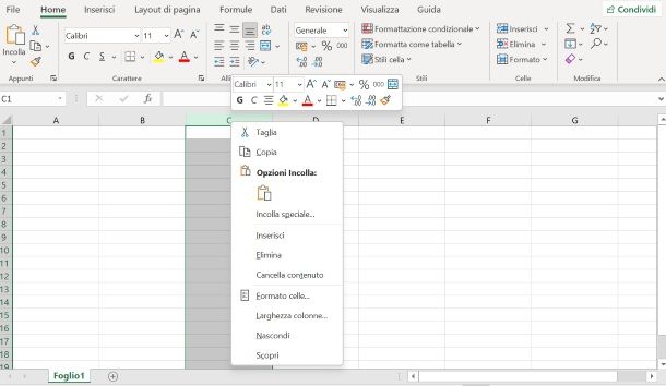 Come nascondere colonne in Excel