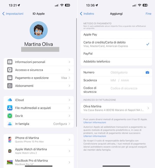 Impostazioni pagamento iOS