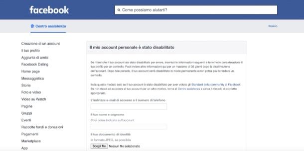 Come contattare Facebook per account bloccato