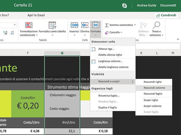 Come nascondere colonne in Excel Online