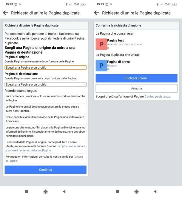 Unire pagine Facebook su mobile