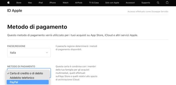 Metodo di pagamento ID Apple