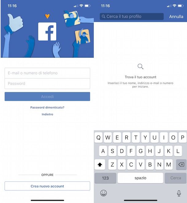 Recupero password Facebook da app