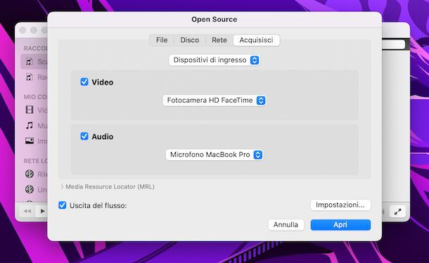 VLC registrazione webcam Mac