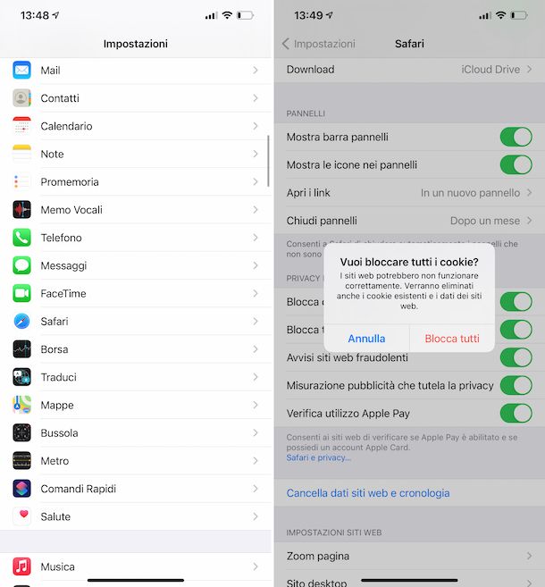 Bloccare cookie Safari iOS