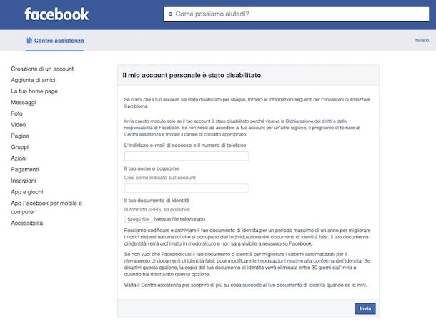 Come contattare Facebook per account bloccato | Salvatore Aranzulla