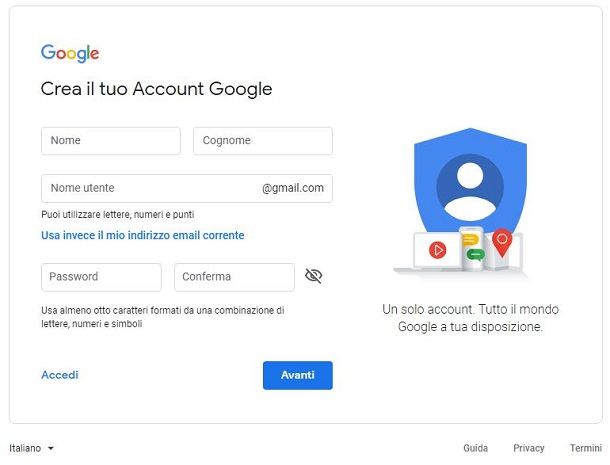 Creare account Google desktop