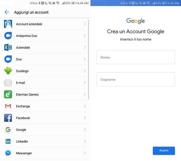 Creare account Google mobile