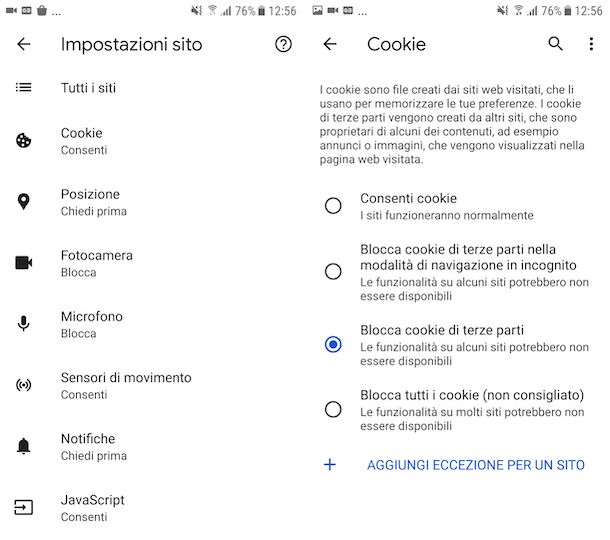 Bloccare cookie Chrome Android