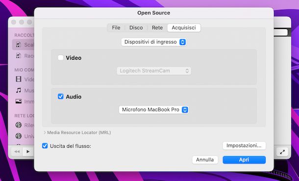 VLC registrazione audio Mac