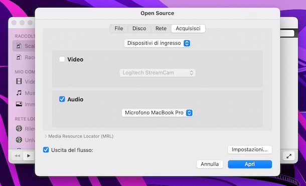 VLC registrazione audio Mac