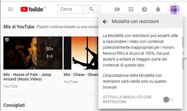 Attivare la modalità con restrizioni YouTube PC