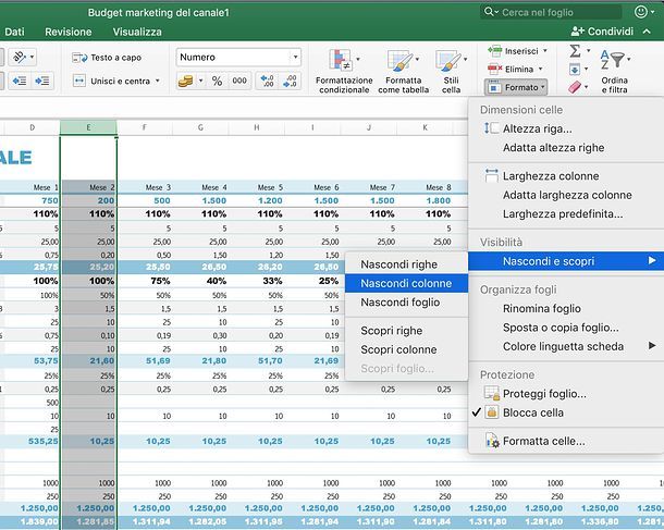 Come nascondere colonne in Excel