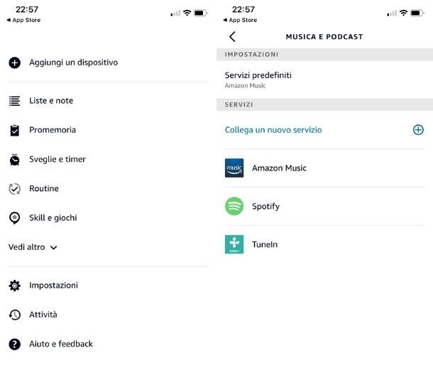 Cambiare servizio streaming musicale predefinito Alexa app