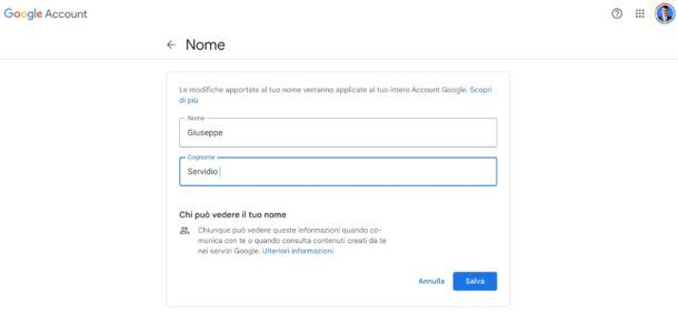 Cambiare nome su Gmail