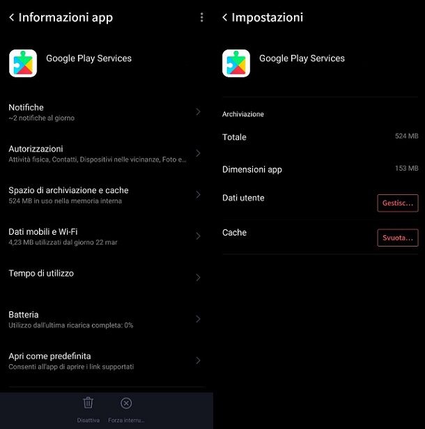 Eliminare cache e dati Google Play Services