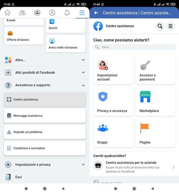 Centro assistenza Facebook da mobile