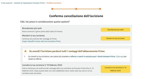 Disattivazione Amazon Prime PC