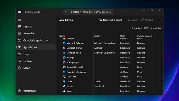 Disattivare l'avvio automatico dei programmi superflui Windows 11