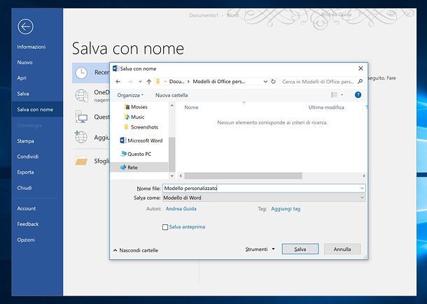 Salvataggio modello di Word su Windows