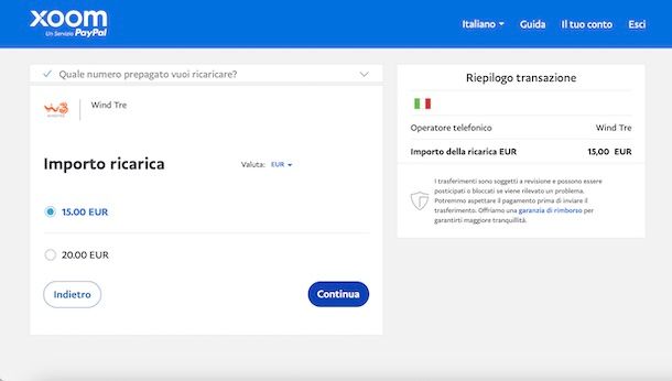 Ricarica WINDTRE PayPal