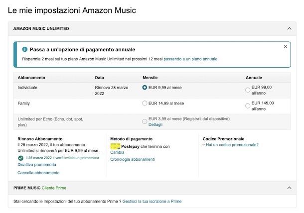 Disattivazione Amazon Music Unlimited da browser