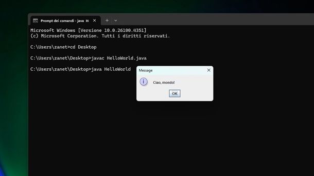 Programma Hello World Java Windows 11 finito